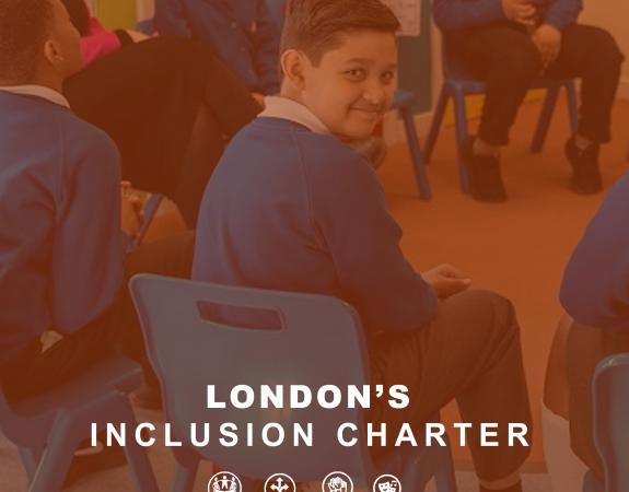 Seated school children with text that says London's Inclusion Charter