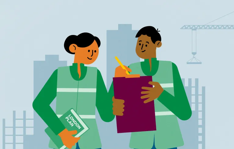 Illustration. Two individuals on a constructions site holding the London Plan and a clipboard. Silhouettes of tall buildings and cranes in the background.