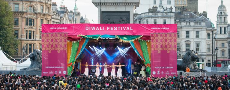 People celebrating Diwali Festival in Trafalgar Square 2015
