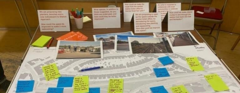 Willesden Junction Station public realm consultation drop-in event table with ideas