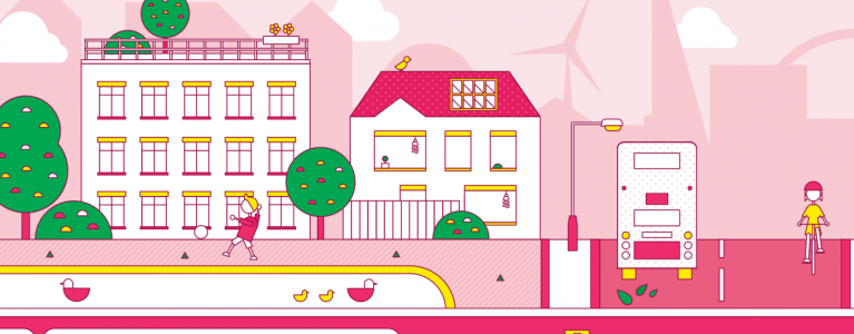 Illustration of a greener London, pink colour