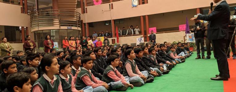 Mayor Sadiq Khan addresses schoolchildren at Maharaja Agrasain Public School