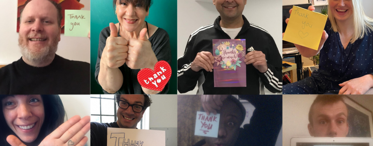 A collage of 8 people holding hand-written notes that say: Thank you.
