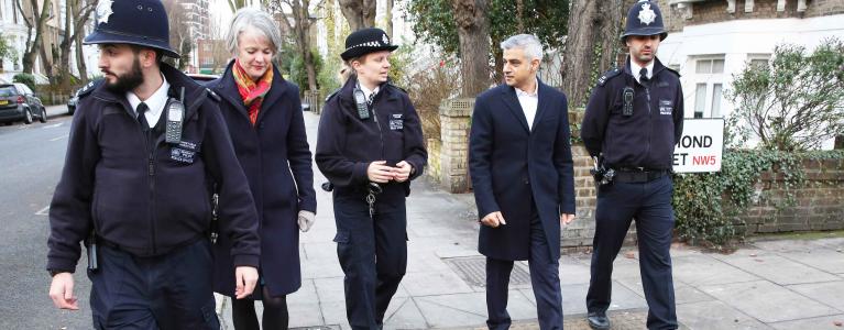 Sadiq Khan, Mayor of London speaks with police officers and Deputy Mayor for Policing and Crime, Sophie Linden