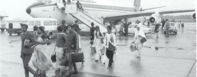Ugandan Asian refugees arriving at Stansted Airport in Essex, 18th September 1972 (Photo by P. Felix/Daily Express/Hulton Archive/Getty Images)