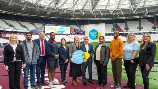 Mayor of London, Living Wage Foundation and London Stadium employees at London Living Wage rate increase announcement, October 2023