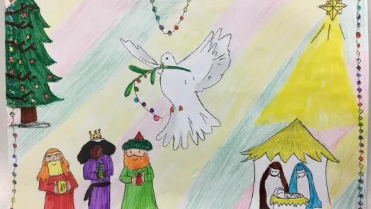 A colourful drawing of a Christmas tree, the 3 Magi, a white dove and Joseph, Mary and the baby Jesus under a yellow star