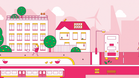 Illustration of a greener London, pink colour
