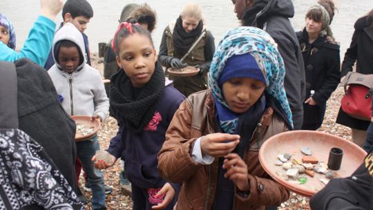 Schoolchildren collect pebbles on a beach