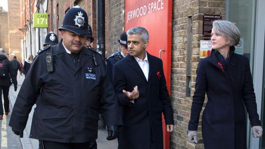 Mayor of London and Sophie Linden talking to a police officer