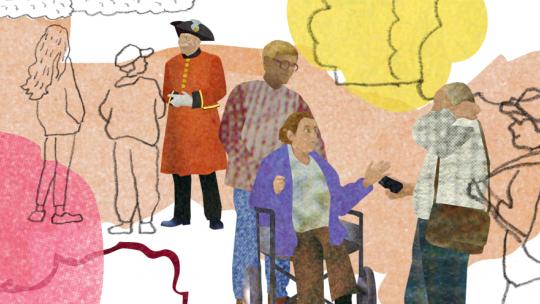 Illustration of person pushing another person in wheelchair and Yeoman Guard in the background