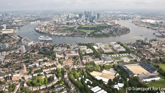 Aerial view of Greenwich and Canary Wharf