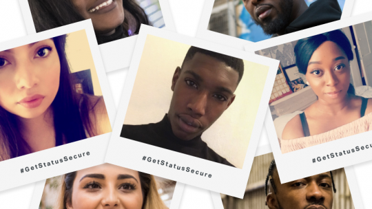 Young people in polaroid pictures with the hashtag GetSecure.