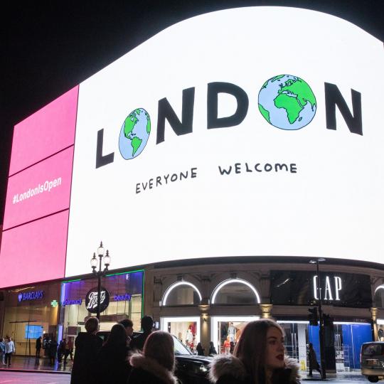 London Is Open screen at Piccadilly Circus