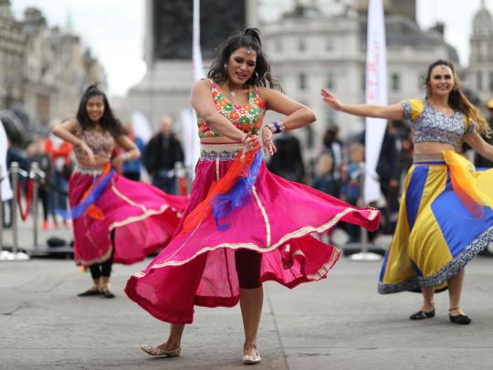 Pop up Let's do London bollywood dancers in Trafalgar square