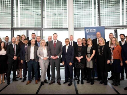 Mayor of London Sadiq Khan, Deputy Mayor Fiona Twycross, and CTPN Head of Programme Alex Townsend-Drake are joined by some CTPN members for a group photograph.