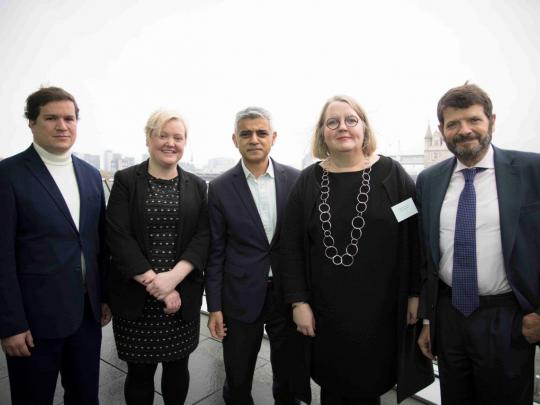 Dr Carlos Manuel Castro (Councillor of Civil Protection, Lisbon); Dr Fiona Twycross (Deputy Mayor for Fire and Resilience, London); Sadiq Khan (Mayor of London); Magdalena Bosson (Chief Executive Officer, City of Stockholm); and Albert Batlle (Deputy Mayor for Prevention and Security, Barcelona) stand on the balcony at London City Hall prior to the inaugural conference of CTPN.
