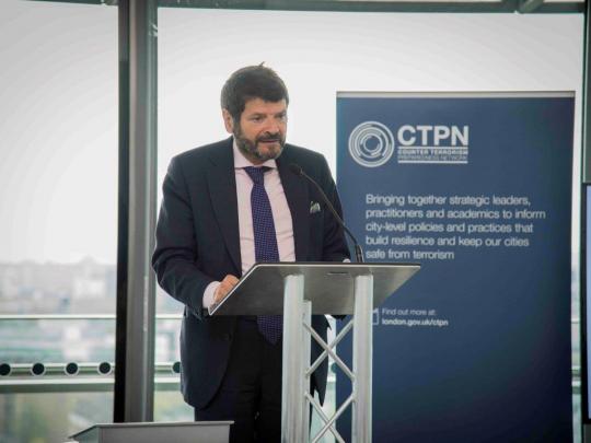 Albert Batlle, Deputy Mayor for Prevention and Security in Barcelona, delivering a speech at CTPN Inaugural High-Level Conference