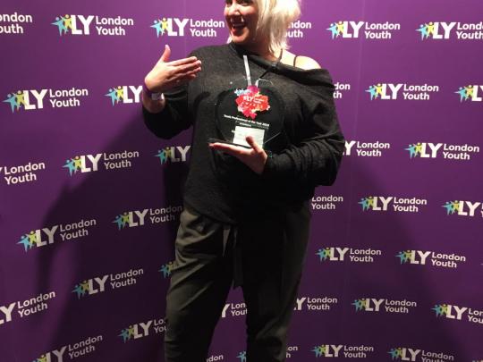 Jo Hrabi collecting her London Youth award for Youth Professional of the Year 2019 