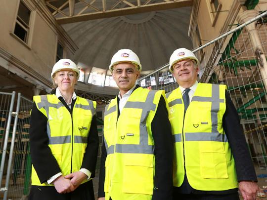 Sharon Ament, Sadiq Khan and Mark Boleat on site at Museum of London's new home in West Smithfield