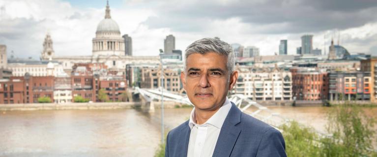 Picture of Sadiq Khan Mayor of London with St Paul's Cathedral and river Thames in the background