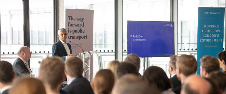Mayor of London Sadiq Khan delivering speech at Zero Emission Bus Summit