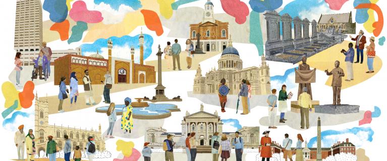 Colourful representation of different monuments in London and diverse communities