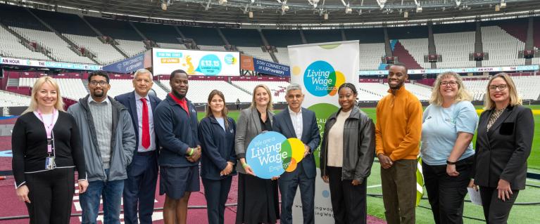 Mayor of London, Living Wage Foundation and London Stadium employees at London Living Wage rate increase announcement, October 2023