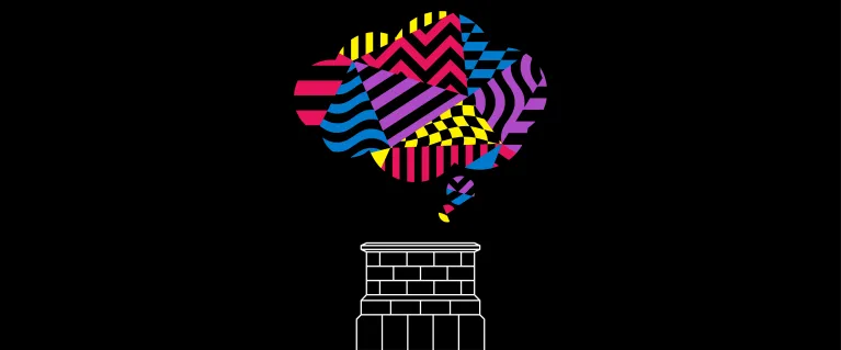 White outline of a plinth on a black background, with a multi-coloured cloud suspended above