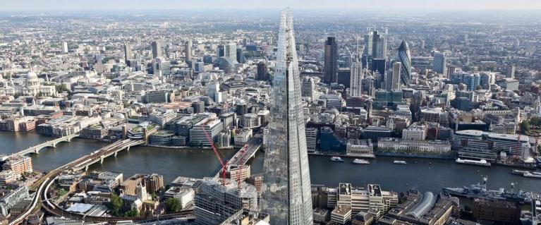 Birds eye view of London including the Shard and surrounding neighbouring buildings