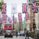 A major London high street dressed in Union Jacks and Coronation flags.
