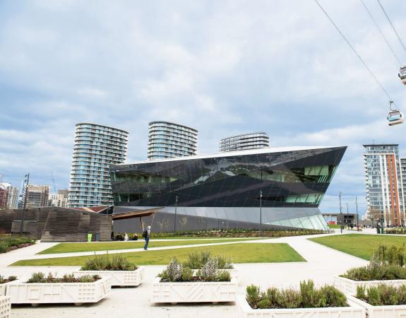 City Hall at the Crystal, exterior view of the building and gardens