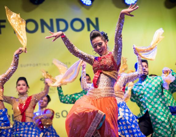 Performers dancing on the stage at Diwali in Trafalgar Square