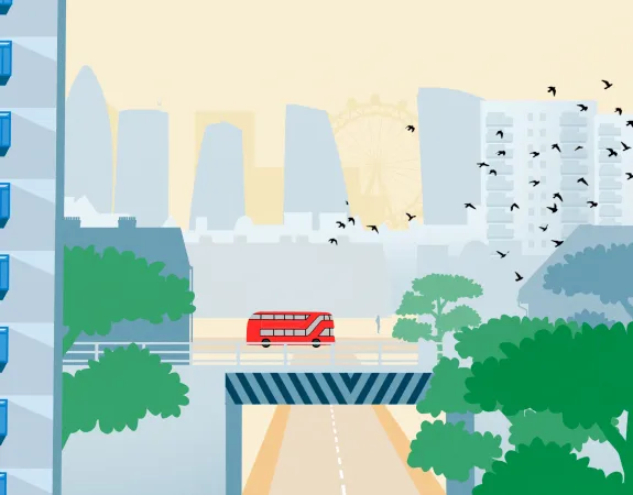 Illustration of a red bus on a bridge with trees in the foreground and high rised buildings with a flock of birds flying past in the background. London city skyline is in the distance.