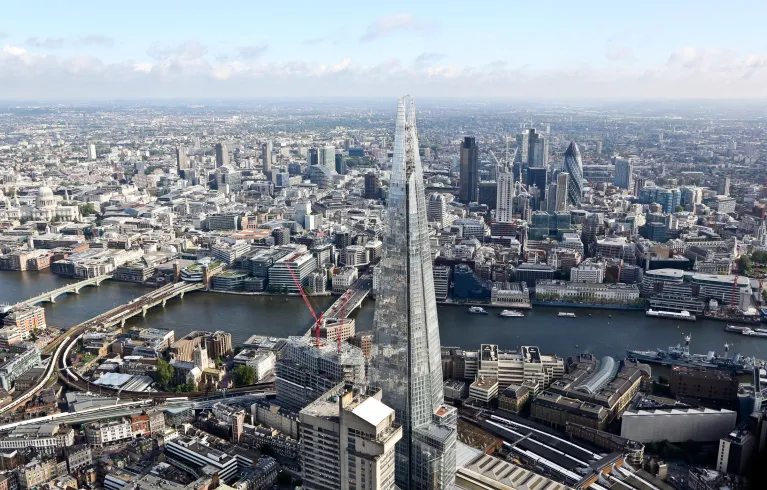 Birdseye view of London, overlooking the Shard and London Bridge area of the River Thames.