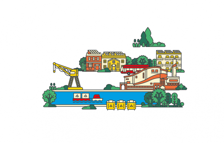 A drawing of London city with buildings and trees.