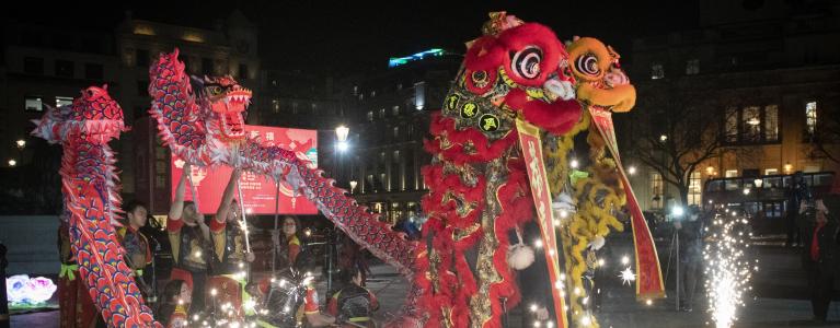 Chinese dragon display at Lunar New Year event in Trafalgar Square