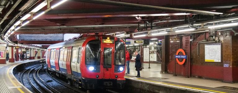 Underground train arriving at Baker Street station