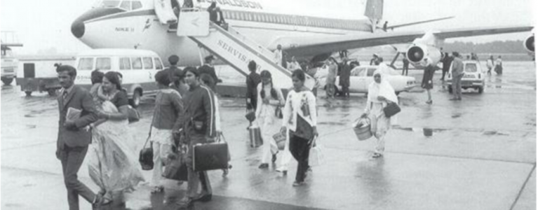 Ugandan Asian refugees arriving at Stansted Airport in Essex, 18th September 1972  (Photo by P. Felix/Daily Express/Hulton Archive/Getty Images)