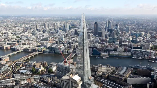 Birdseye view of London, overlooking the Shard and London Bridge area of the River Thames.