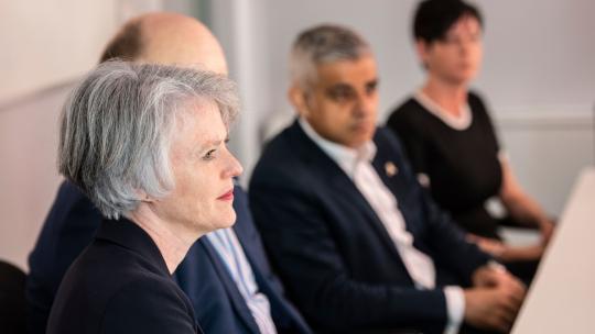 Deputy Mayor for Policing and Crime, Sophie Linden and Mayor of London Sadiq Khan listening at a meeting