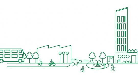 Green graphic of town centre with cars and people