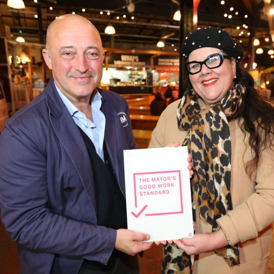 Night Czar Amy Lame and Mercato Metropolitano founder Andrea Rasca, with Good Work Standard plaque