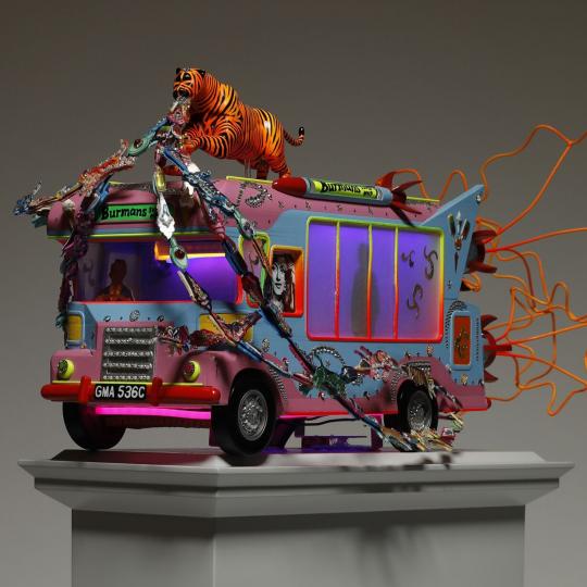 Blue and pink tone ice cream van with a tiger on top with jewels streaming out of its mouth on a light grey plinth, side angle view