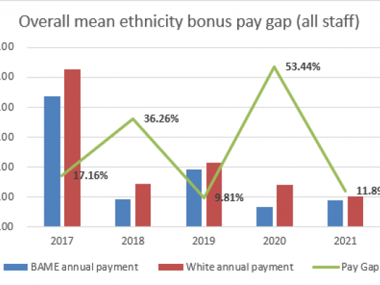 Overall mean ethnicity bonus pay gap (all staff) graph