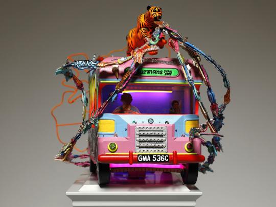 Side view of blue and pink tone ice cream van with a tiger on top with jewels streaming out of its mouth, a silhouette of a driver in the side window and orange exhaust fumes, on a light grey plinth