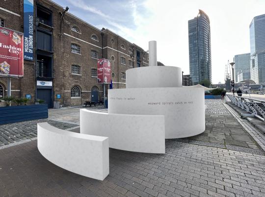 A picture outside Ripple, a white, multi-layer art installation by Helen Cammock