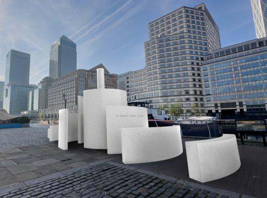 A picture of the external view of Ripple, a slave trade memorial artwork by Helen Cammock. Canary Wharf skyline is in the background