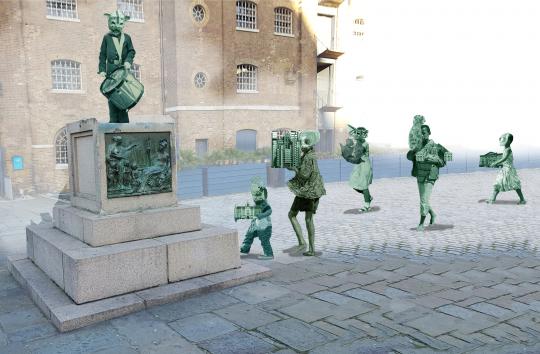 A computer generated image of streetscape with a traditional building in the background with a grey stone plinth with three layers, on top of this is a figure of child with drum on a white strap slung around their neck, the child is holding drum sticks and wearing a tiger -like animal mask. Walking towards the plinth are five children of different heights, all wearing animal or traditional African masks, each child is carrying an object, such as a building or a boat. All the children are green coloured. 