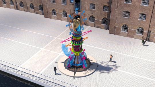 A computer generated image of a tall, assemblage of colourful and decorative elements, build into a tower or totem, that has overall sense of a female figure, in front of a brick building.